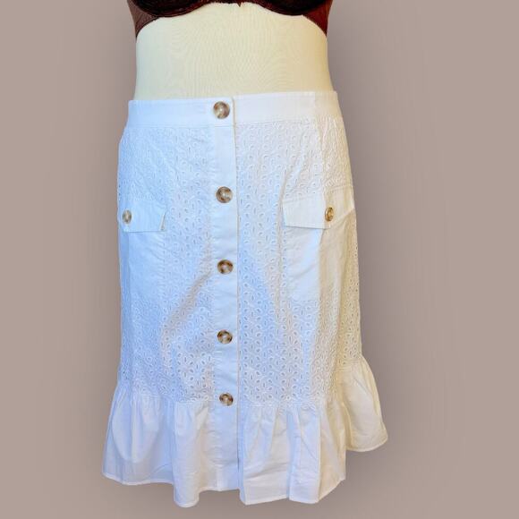 Isaac Mizrahi Live Embroidered Eyelet Button Up Ruffled Hem Skirt Size 28W White - Picture 1 of 14